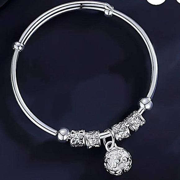 Boho Sterling Silver Resizable Ball Charm Bangle Bracelet - Picture 11 of 14